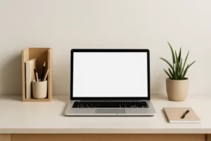 Foto mesa de estudos minimalista, com um notebook.