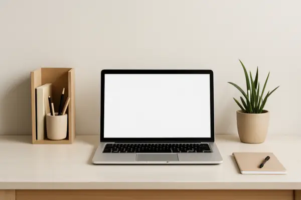 Foto mesa de estudos minimalista, com um notebook.
