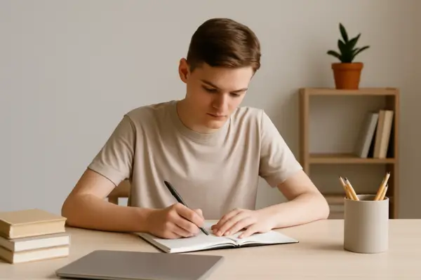 Jovem estudando em ambiente minimalista