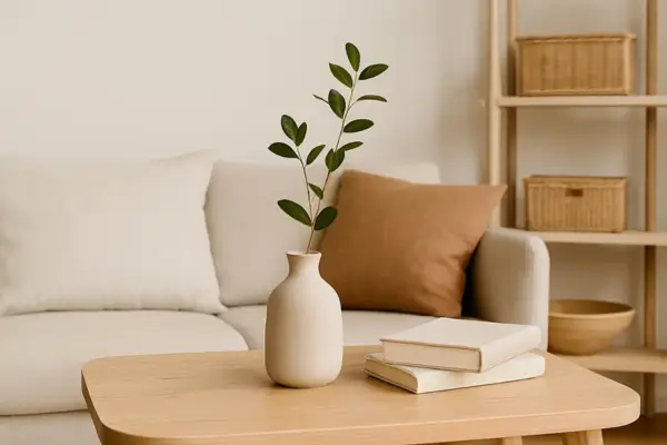 Sala com mesa minimalista com toques naturais